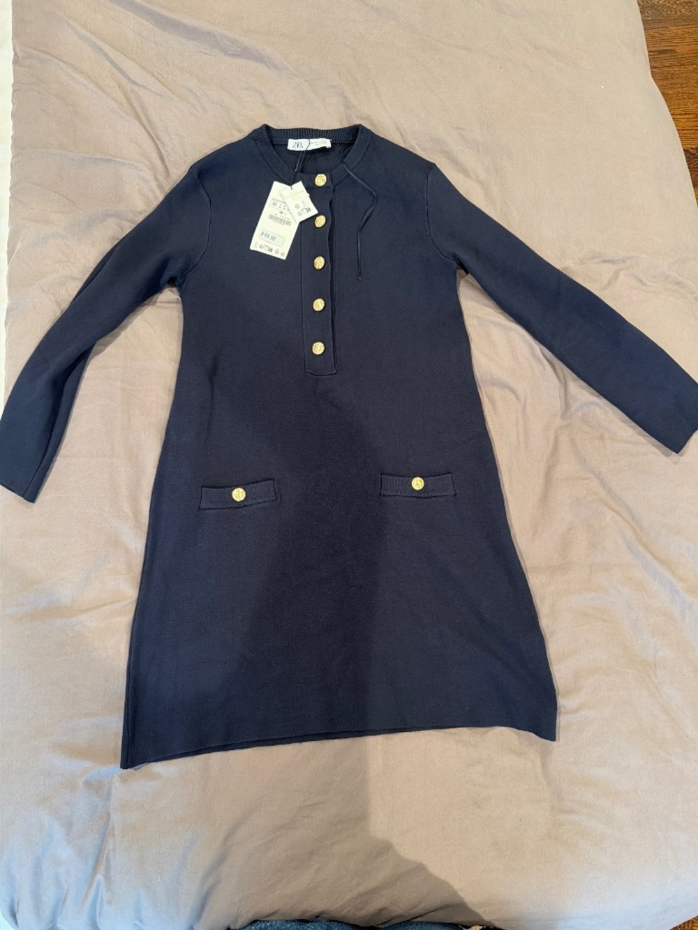 Zara Navy Gold Button Sweater Dress – Size Medium – NWT